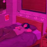 An illustration of a male character lying on a bed in a dimly lit room with a red hue